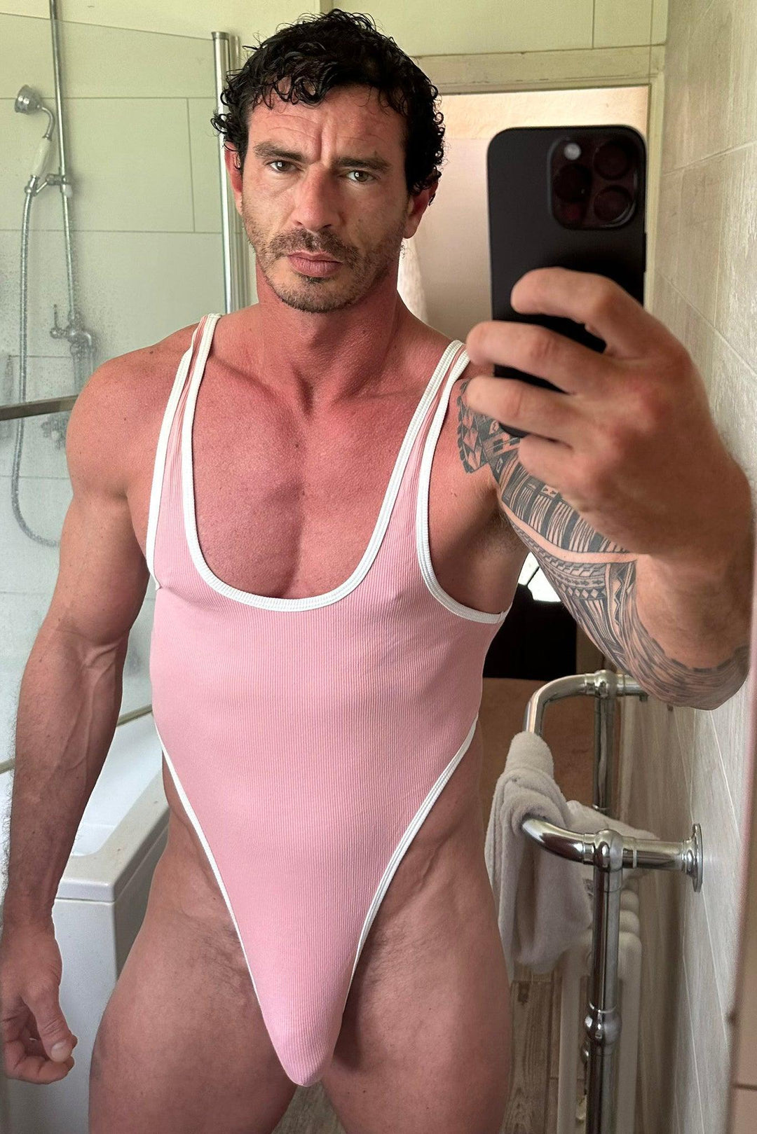 Afterglow Ribbed Bodysuit - Pink w/ White Trim - JJ Malibu 