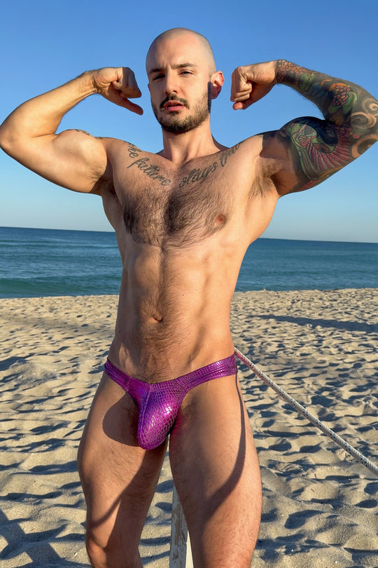 Nocturnal Glimmer Thong with Bulge Pouch - Hot Pink Croc