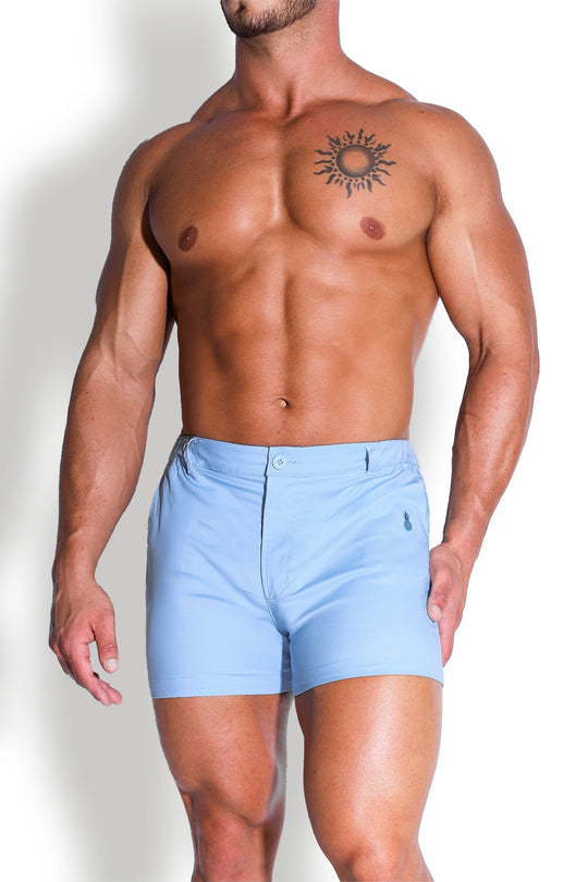 Pantalones cortos chinos elásticos de 10 cm para hombre, de corte ajustado, azul claro