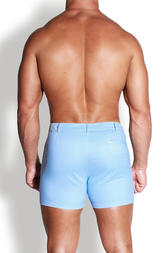 Pantalones cortos chinos elásticos de 10 cm para hombre, de corte ajustado, azul claro