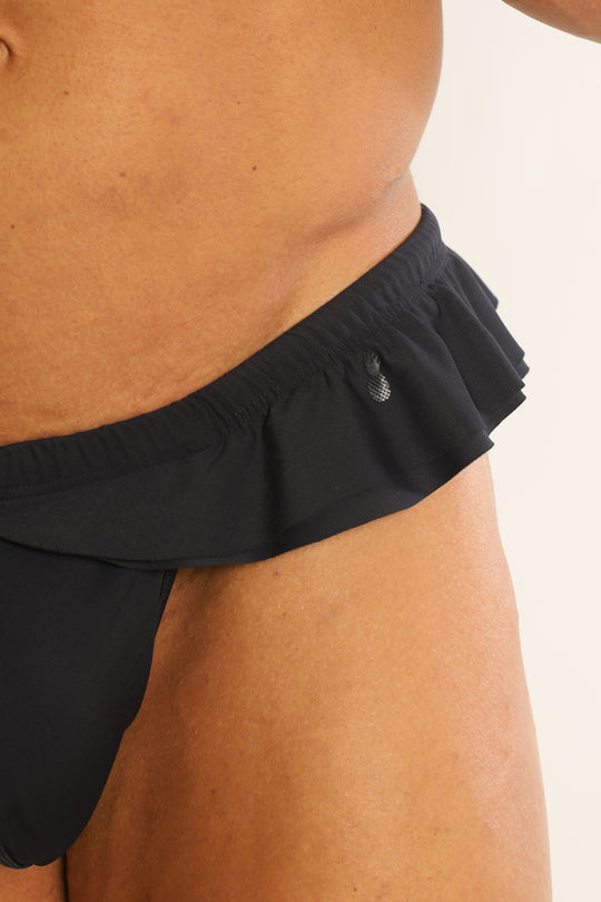Ruffle-Trim Athletic Hybrid Swim Thong - Black 2.0
