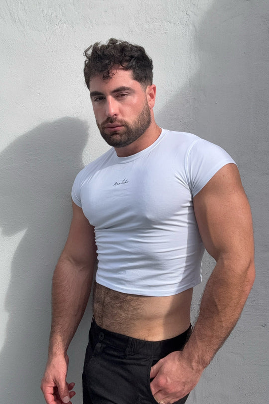 Muscle-Fit Crop Half-Sleeve Tee - White