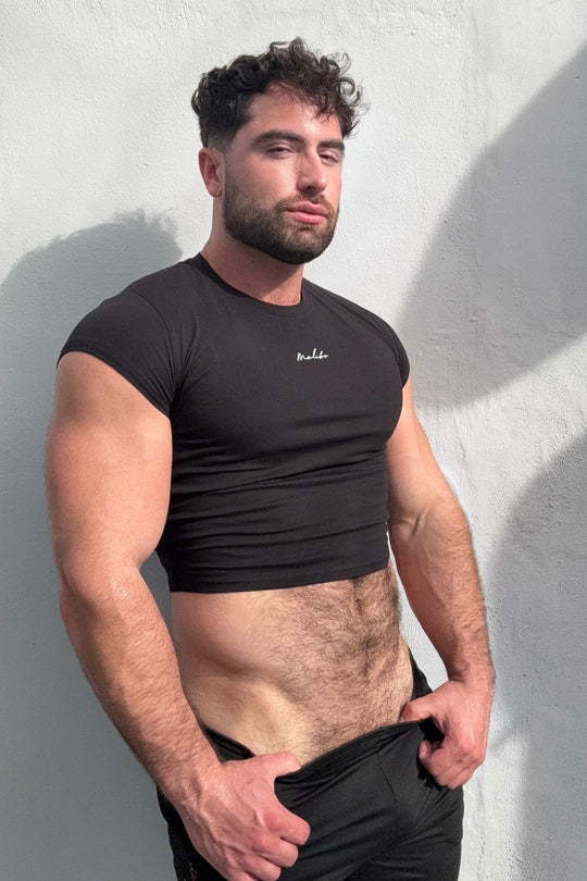 Muscle-Fit Crop Half-Sleeve Tee - Black