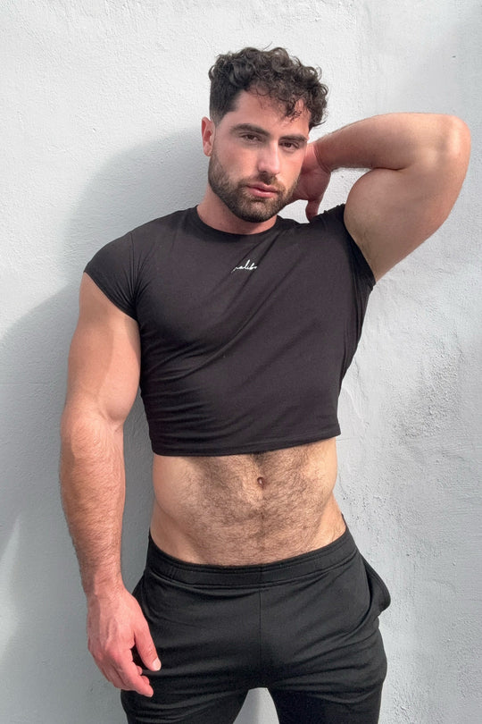 Muscle-Fit Crop Half-Sleeve Tee - Black